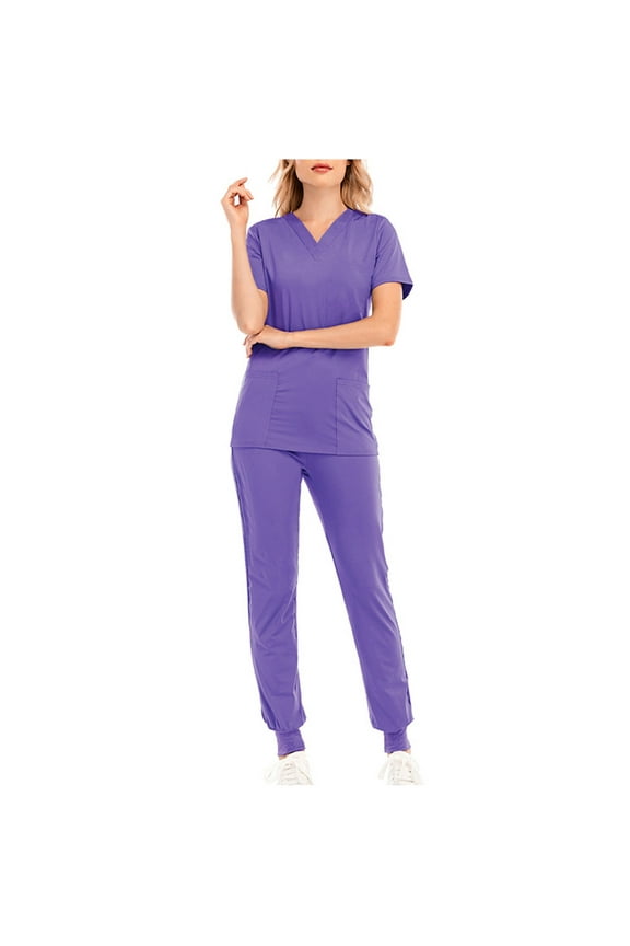 Scrub Set for Women V-Neck Scrub Top & Jogger Pants Women Solid Color Loose Drawstring Pants Pocket Caregiver Short Sleeve V-Neck Blouses Nursing Uniform Set Rollbacks,Purple,S