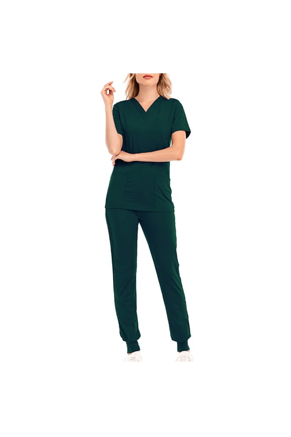 Scrub Set for Women V-Neck Scrub Top & Jogger Pants Women Solid Color Loose Drawstring Pants Pocket Caregiver Short Sleeve V-Neck Blouses Nursing Uniform Set Summer Clearance,Army Green,S