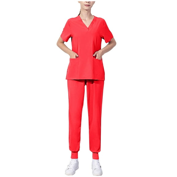 Ndbuld Scrub Set for Women V-Neck Scrub Top & Jogger Pants Women's Short Sleeved Solid Color Pocket Protective Suit Set Short Sleeved V-neck Top/shirt Set,Red,L