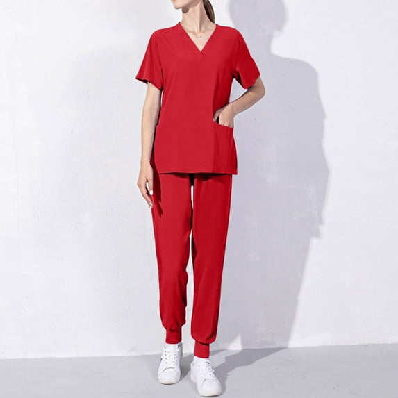 Ndbuld Scrub Set for Women V-Neck Scrub Top & Jogger Pants Women's Short Sleeved Solid Color Pocket Protective Suit Set Short Sleeved V-neck Top/shirt Set Summer Savings,Red,L