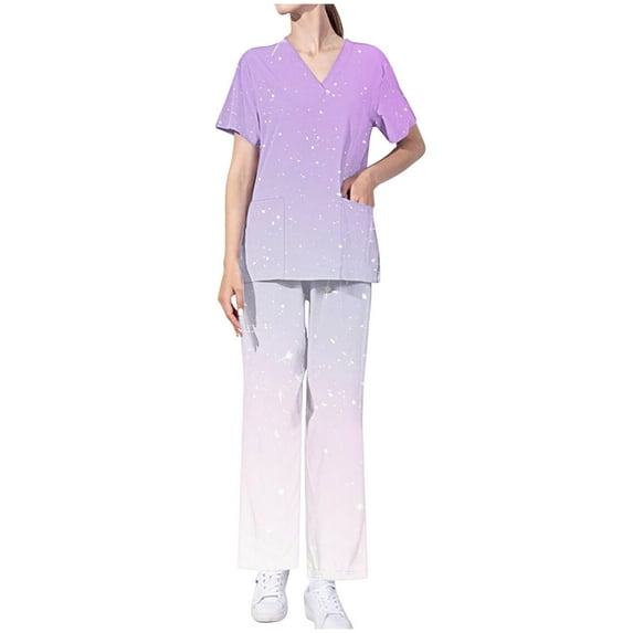 Ndbuld Scrub Set for Women V-Neck Scrub Top & Jogger Pants Women's Short Sleeved Solid Color Pocket Protective Suit Set Short Sleeved V-neck Top/shirt Set ,Multicolor,L