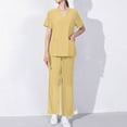 thumbnail image 1 of Ndbuld Scrub Set for Women V-Neck Scrub Top & Jogger Pants Women's Short Sleeved Solid Color Pocket Protective Suit Set Short Sleeved-neck Top/shirt Set Summer Clearance,Yellow,L, 1 of 4