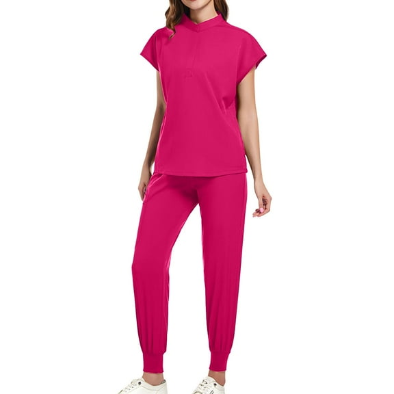 Ndbuld Scrub Set for Women V-Neck Scrub Top & Jogger Pants Women's Solid Color Casual Nurse Protective Uniform Short Sleeved Round Neck Shirt Set Rollbacks,Hot Pink,L