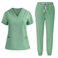 thumbnail image 1 of Ndbuld Scrub Set for Women Women Solid Color Loose Drawstring Pants Pocket Caregiver Short Sleeve V-Neck Blouses Nursing Uniform Set,Green,XL, 1 of 2