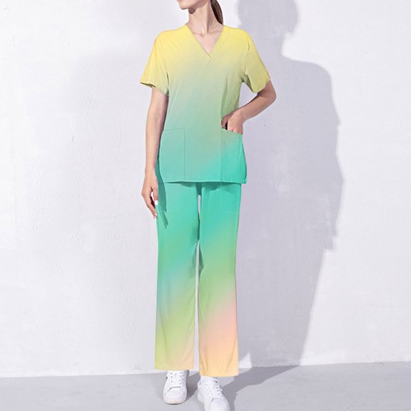 Ndbuld Scrub Set for Women Women's Short Sleeved Solid Color Pocket Protective Suit Set Short Sleeved V-neck Top/shirt Set Multicolor,S