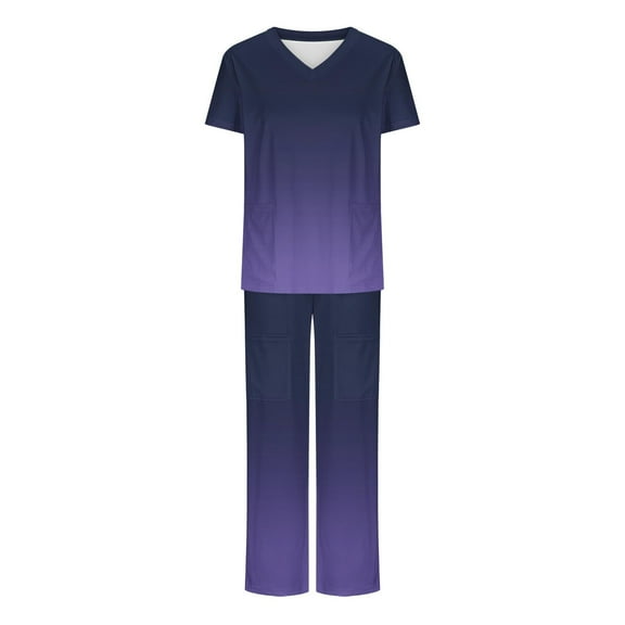 Ndbuld Scrub Set for Women Spring And Summer Gradient Woman Short Sleeve Round-Neck T Shirts Top And Pants Set Suit Summer Clearance,Dark Blue,5XL