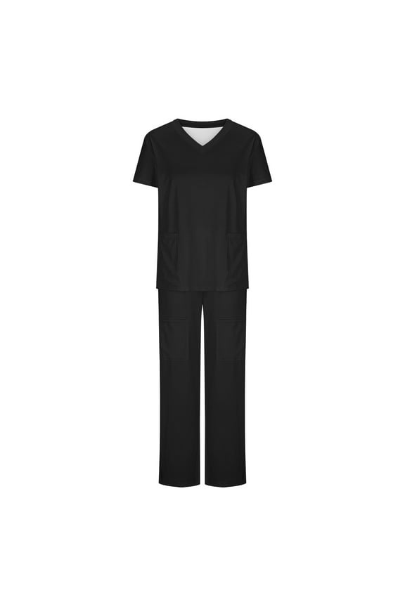 Scrub Set for Women Spring And Summer Solid Woman Short Sleeve V-Neck T Shirts Top And Long Pants Working Set Suit on Clearance,Black,M