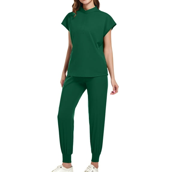 Ndbuld Scrub Set for Women Women's Solid Color Casual Nurse Protective Uniform Short Sleeved Round Neck Shirt Set Savings Up to 30% off,Green,S