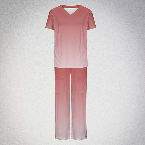 Ndbuld Scrubs Medical Uniform Women Scrubs Set Spring And Summer Solid Woman Print Short Sleeve V-Neck T Shirts Top And Long Pants Working Set Suit ,Wine,L