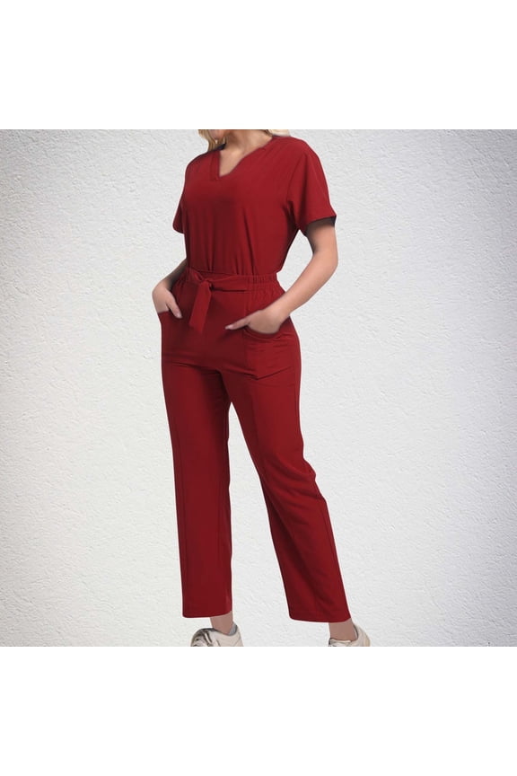 Scrubs Medical Uniform Women Scrubs Set Women Solid Color Loose Drawstring Pants Pocket Caregiver Short Sleeve V-Neck Blouses Nursing Uniform Set ,Wine,L