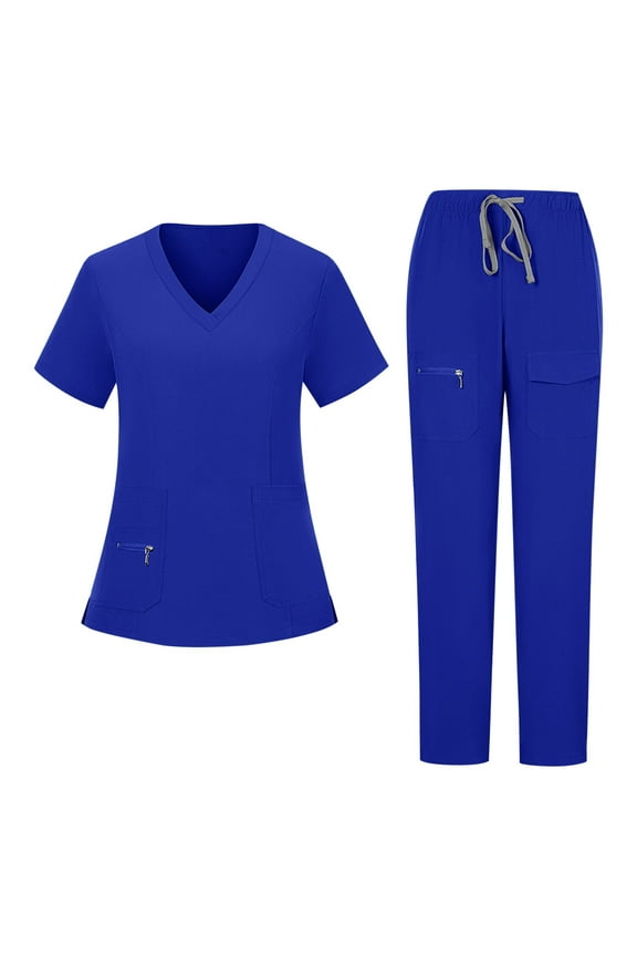 Scrubs Medical Uniform Women Scrubs Set Women Solid Color Loose Drawstring Pants Zipper Pocket Caregiver Short Sleeve V-Neck Blouses Nursing Uniform Set,Blue,L