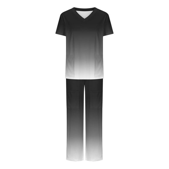 Ndbuld Scrubs Set for Women Nurse Uniform Spring And Summer Gradient Woman Short Sleeve Round-Neck T Shirts Top And Pants Set Suit,Black,5XL