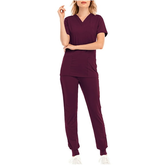 Scrubs Set for Women Nurse Uniform Women Solid Color Loose Drawstring Pants Pocket Caregiver Short Sleeve V-Neck Blouses Nursing Uniform Set ,Wine,M