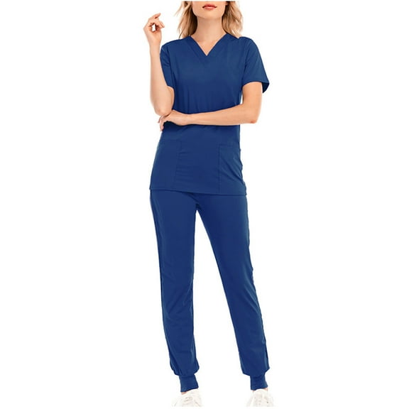Ndbuld Scrubs Set for Women Nurse Uniform Women Solid Color Loose Drawstring Pants Pocket Caregiver Short Sleeve V-Neck Blouses Nursing Uniform Set on Clearance,Blue,M