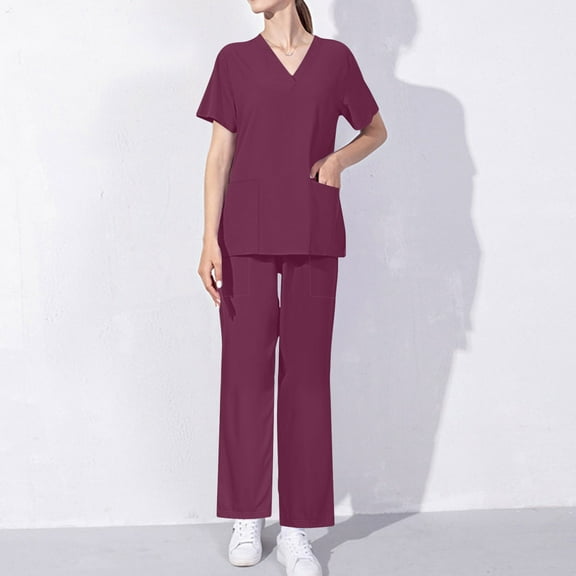 Ndbuld Scrubs Set for Women Nurse Uniform Women's Short Sleeved Solid Color Pocket Protective Suit Set Short Sleeved-neck Top/shirt Set on Clearance,Wine,XL