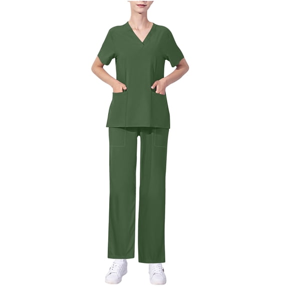 Ndbuld Scrubs Set for Women Nurse Uniform Women's Short Sleeved Solid Color Pocket Protective Suit Set Short Sleeved-neck Top/shirt Set Summer Clearance,Army Green,XL