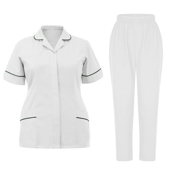 Ndbuld Scrubs Set for Women Nurse Uniform Jogger Suit V-Neck Scrub Top & Jogger Pant with Pockets for Nurse Workwear ,White,L