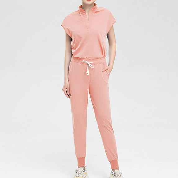 Ndbuld Scrubs Set for Women Nurse Uniform Jogger Suit V-Neck Scrub Top & Jogger Pant with Pockets for Nurse Workwear ,Pink,M