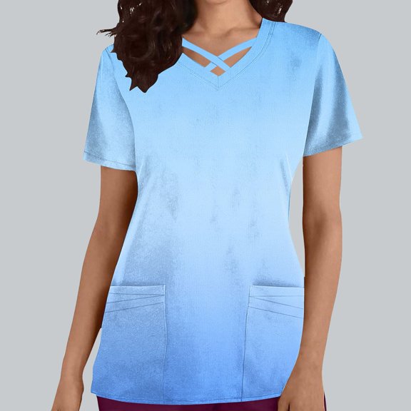Ndbuld Scrubs for Women Mock Wrap Top Women's Casual Fashion Gradient Color Short Sleeve-Neck Pocket Nursing Clothes Top Clearance Under 10,Blue B,3XL