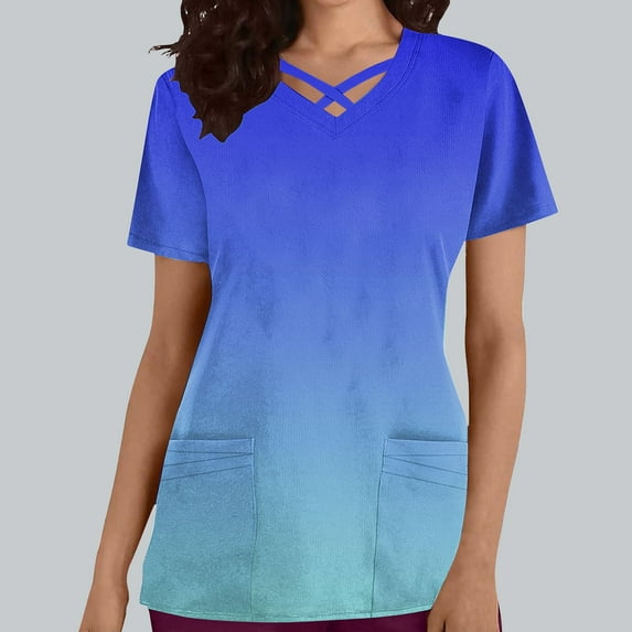 Ndbuld Scrubs for Women Mock Wrap Top Women's Casual Fashion Gradient Color Short Sleeve-Neck Pocket Nursing Clothes Top Savings Up to 30% off,Dark Blue,S
