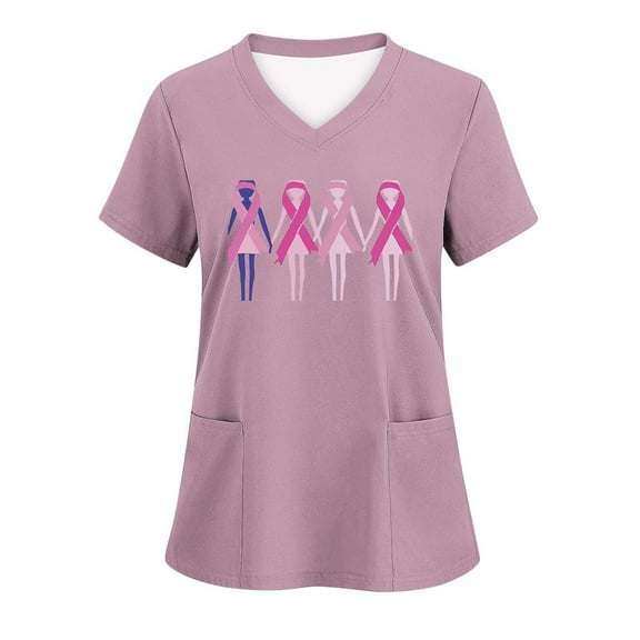 Scrubs for Women Mock Wrap Top Women's Breast -neck Short Sleeve Pocket Overalls Shirt Rollbacks,Pink,L