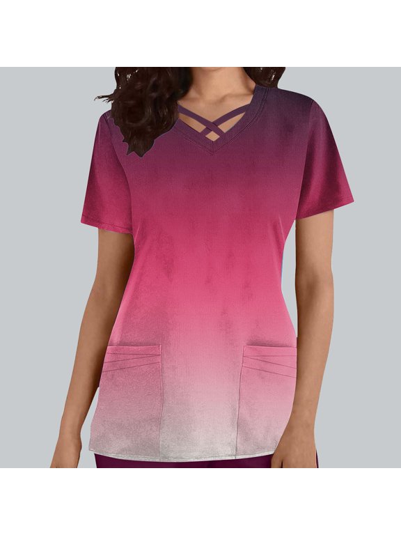 Scrubs for Women Mock Wrap Top Women's Casual Fashion Gradient Color Short Sleeve V-Neck Pocket Nursing Clothes Top ,Red,3XL