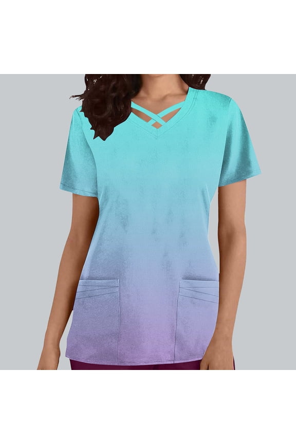Scrubs for Women Mock Wrap Top Women's Casual Fashion Gradient Color Short Sleeve V-Neck Pocket Nursing Clothes Top ,Mint Green,XL