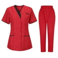 thumbnail image 1 of Ndbuld Scrubs for Women Set Women's Nurses Sets Tunic Uniform Clinic Carer V-Neck Protective Clothing And Pants Set Rollbacks,Red,L, 1 of 2