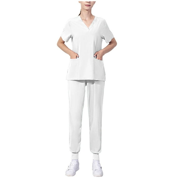 Ndbuld Scrubs for Women Set Women's Short Sleeved Solid Color Pocket Protective Suit Set Short Sleeved V-neck Top/shirt Set Summer Savings,White,M
