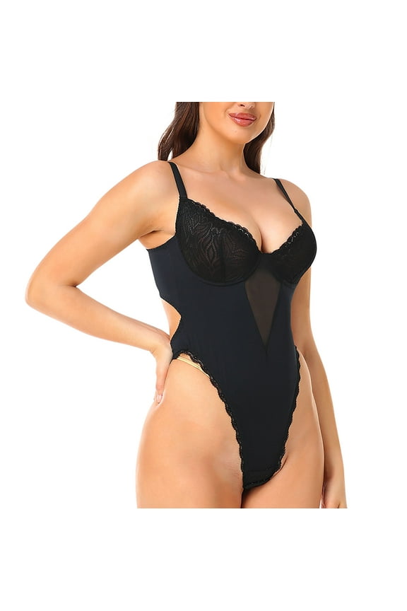 Shapewear Bodysuit for Women Women's Lace Gathered Perspective Bodysuit V Backless Evening Dress Shaping Dress,S-4XL,Black,S
