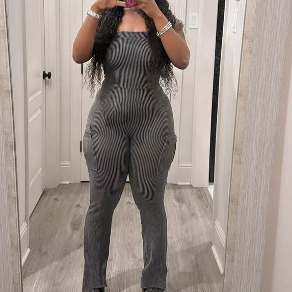 Ndbuld Shapewear for Women Women's Fashion Tight Solid Color Stripe Pocket Splicing Jumpsuit Shapewear Bodysuit Summer Clearance,Dark Gray,S