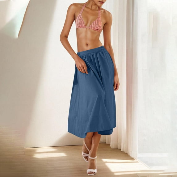 Ndbuld Skirts for Women Regular and Plus Size Skirt Fashion Women Solid High Waisted Midi Skirt A-Line Summer Elastic Waist Skirts Dark Blue,L