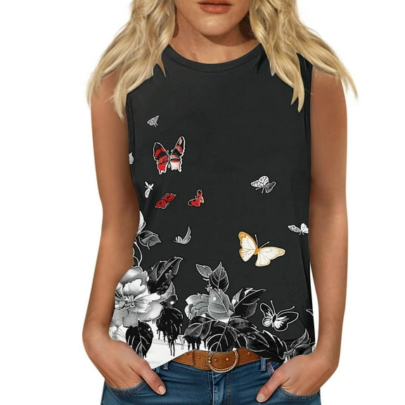Ndbuld Sleeveless Top Basic Tanks Undershirt Women's Casual Printed Sleeveless Round Neck Top Blouse Family Gifts Black 2XL