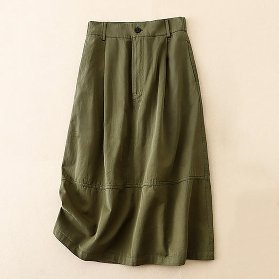 Ndbuld Stretchy Waist Bohemian Cotton Casual Half Skirt Women's Solid Color Cotton Half Back Elastic Waist Workwear Mid Length A-line Skirt Gift for Girls,Army Green,L