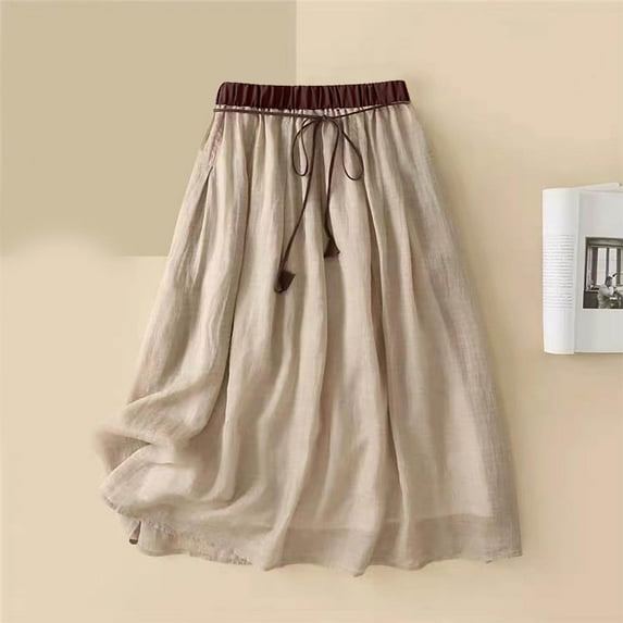 Ndbuld Stretchy Waist Bohemian Cotton Casual Half Skirt Women's Summer Solid Embroidery Elastic Waist Linen Ankle Skirt Gift for Girls,Khaki,2XL