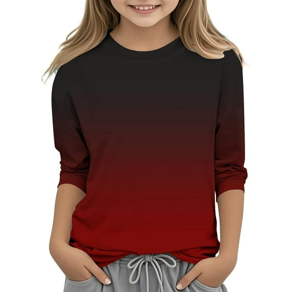 Ndbuld Summer Clearance Cotton Girls Long Sleeve Shirts Toddler Soft BASIC T-Shirts Top Kids Crewneck Layering Tees Wine 130cm/51in