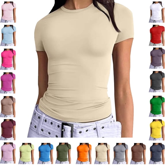 Ndbuld Womens Basic Short Sleeve Slim Fit T Shirts Ndbuld Women's Casual Solid Color Short-Sleeved Crew-Neck Top Beige XL