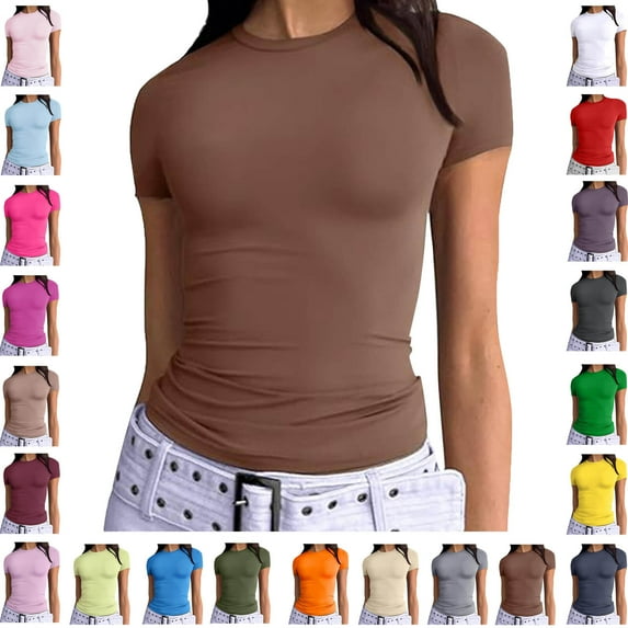 Ndbuld Womens Basic Short Sleeve Slim Fit T Shirts Ndbuld Women's Casual Solid Color Short-Sleeved Crew-Neck Top Coffee L