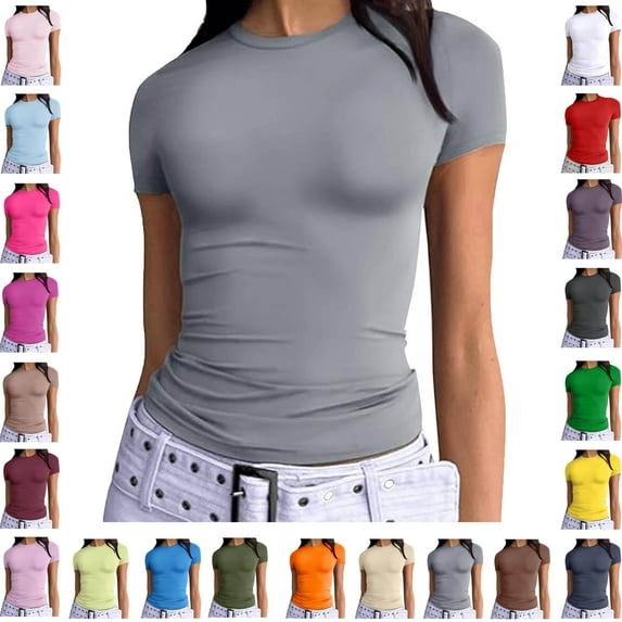 Ndbuld Womens Basic Short Sleeve Slim Fit T Shirts Ndbuld Women's Casual Solid Color Short-Sleeved Crew-Neck Top Gray M