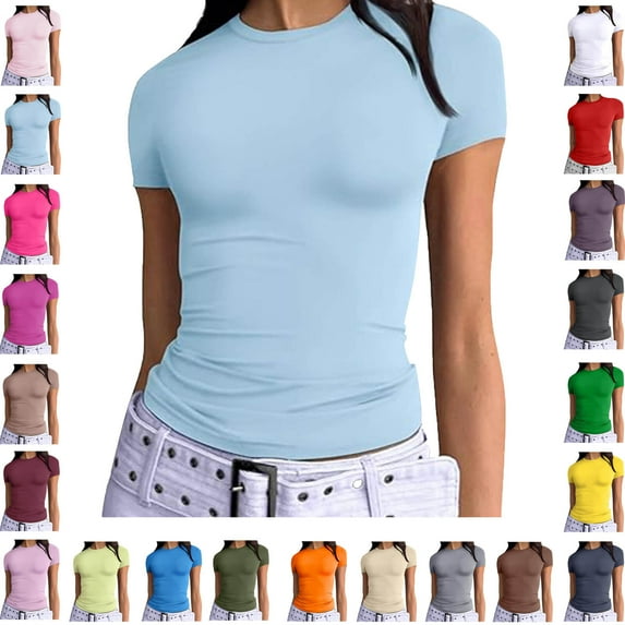 Ndbuld Womens Basic Short Sleeve Slim Fit T Shirts Ndbuld Women's Casual Solid Color Short-Sleeved Crew-Neck Top Light Blue L