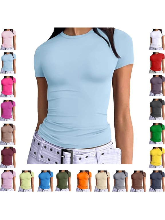 Womens Basic Short Sleeve Slim Fit T Shirts Ndbuld Women's Casual Solid Color Short-Sleeved Crew-Neck Top Light Blue M
