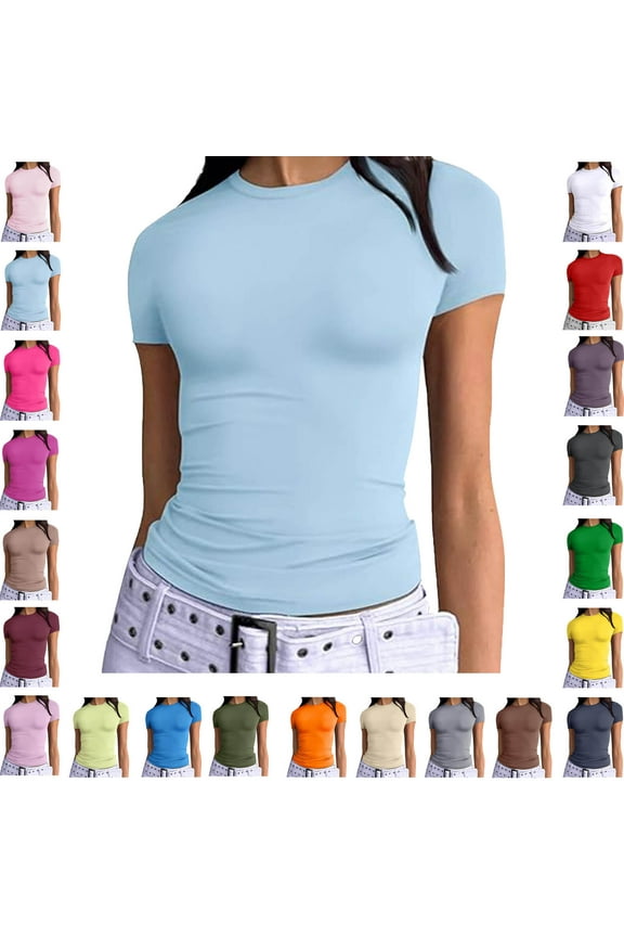 Womens Basic Short Sleeve Slim Fit T Shirts Ndbuld Women's Casual Solid Color Short-Sleeved Crew-Neck Top Light Blue S