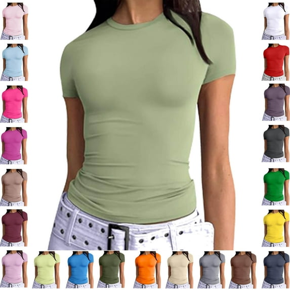 Ndbuld Womens Basic Short Sleeve Slim Fit T Shirts Ndbuld Women's Casual Solid Color Short-Sleeved Crew-Neck Top Light Green L