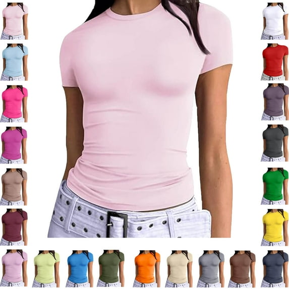 Ndbuld Womens Basic Short Sleeve Slim Fit T Shirts Ndbuld Women's Casual Solid Color Short-Sleeved Crew-Neck Top Pale Pink M
