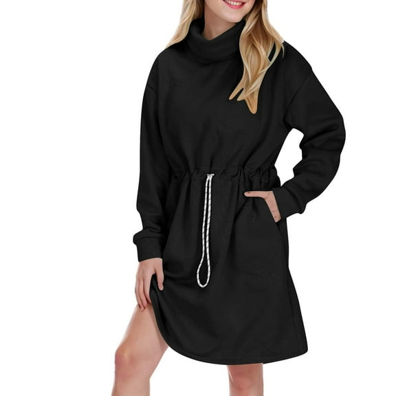 Ndbuld Summer Dresses for Women Women's Sweatshirt Casual Long Sleeved Drawstring Pleated Hooded Sweatshirt Pullover Collar Waist Cinching Knee Length Dress,Black,M