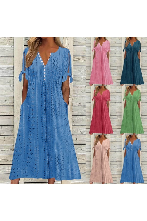 Summer Dresses for Women 2025 Beach Casual V Neck Loose Sundress Ruffle Short Sleeve Mini Dress Blue 2XL