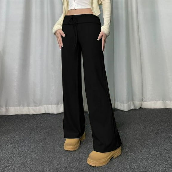 Ndbuld Evergreen Womens Casual High Waisted Wide Leg Pants Women Casual Cotton And Linen Solid Drawstring Elastic Waist Long Straight Pants Black S