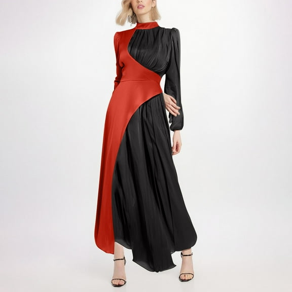 Ndbuld Long Sleeve Maxi Dress for Women Women's Fall And Winter New Round Neck Color Blocked Long Sleeved Slim Waistband Retro Dress,Black,L