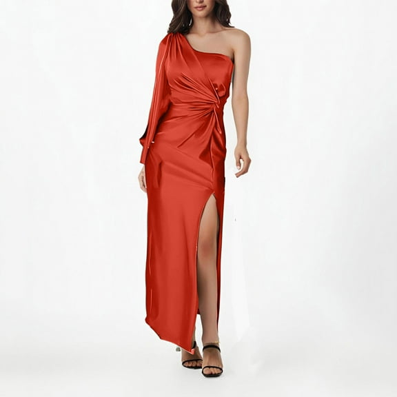 Ndbuld Long Sleeve Maxi Dress for Women Women's Fall And Winter New Round Neck Color Blocked Long Sleeved Slim Waistband Retro Dress,Orange,2XL