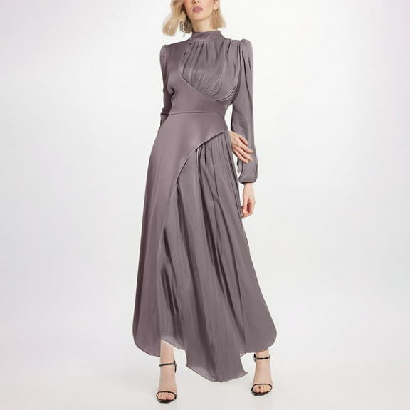 Ndbuld Long Sleeve Maxi Dress for Women Women's Fall And Winter New Round Neck Color Blocked Long Sleeved Slim Waistband Retro Dress,Purple,2XL